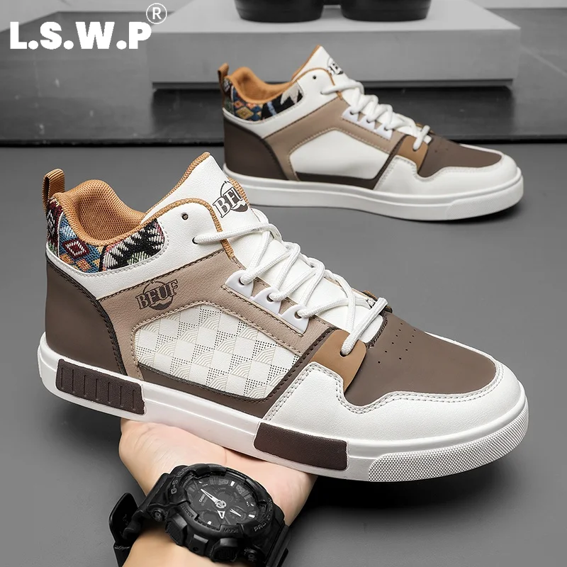 Men's Running Shoes, Men's Retro Checkerboard High-Top Sneakers, Pu Leather Color-Block Ethnic Brocade Casual Men's Shoes, Wear-Resistant Non-Slip Rubber Flat Mid-Top Trendy Shoes, Versatile Casual Shoes for Men's Daily Street Wear and Commuting