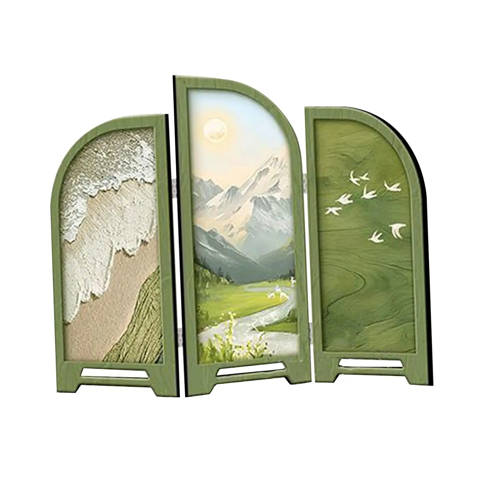 Mini Folding Screen Wood Porcelain Desktop Decor Oriental Divider 3 Panel for Living Room Office