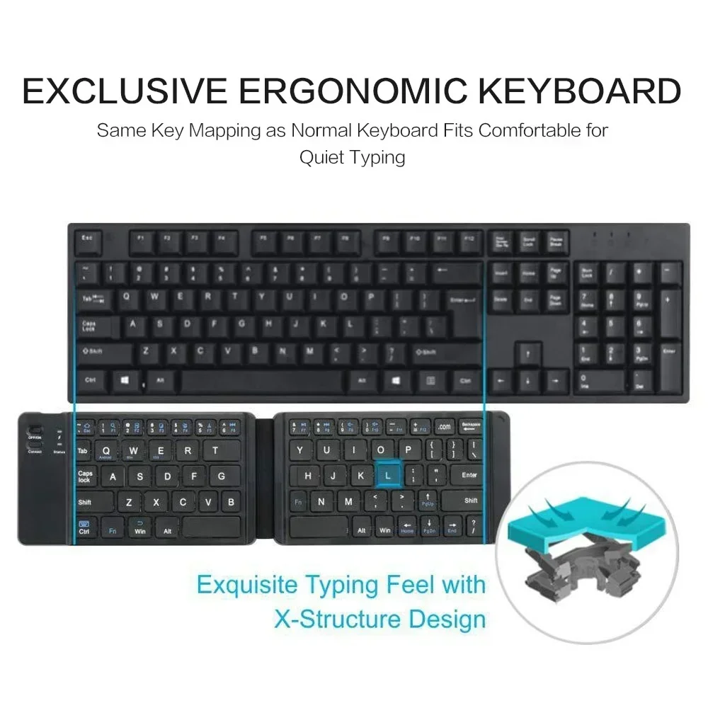 لوحة مفاتيح بلوتوث لاسلكية محمولة قابلة للطي، لوحة مفاتيح صامتة رفيعة للغاية وقابلة لإعادة الشحن لأجهزة الكمبيوتر المحمول والكمبيوتر اللوحي والمكتب