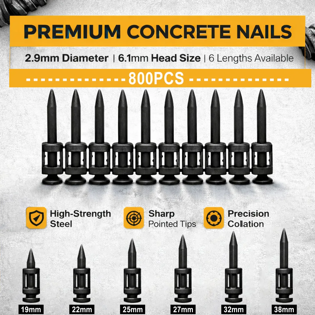 

800PCS Masonry Wall Fasteners 2.9mm Concrete Nails 19/22/25/27/32/38mm Steel Drive Pins for Gas Powered Construction Tools