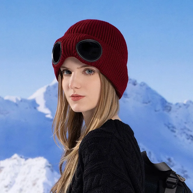 Gorro de punto Unisex con gafas a prueba de viento calentador de invierno gorros de esquí suave cálido antideslizante protección para los oídos Garros