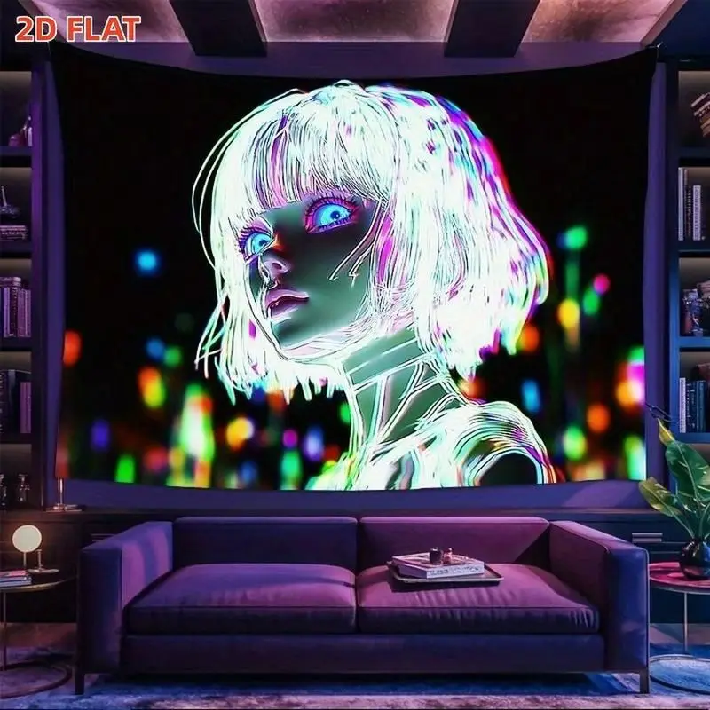 VIKAMA Neon Cyber Girl Tapestry Futuristic City Polyester Wall Hanging Aesthetic Bedroom Dorm Living Room Home Decor
