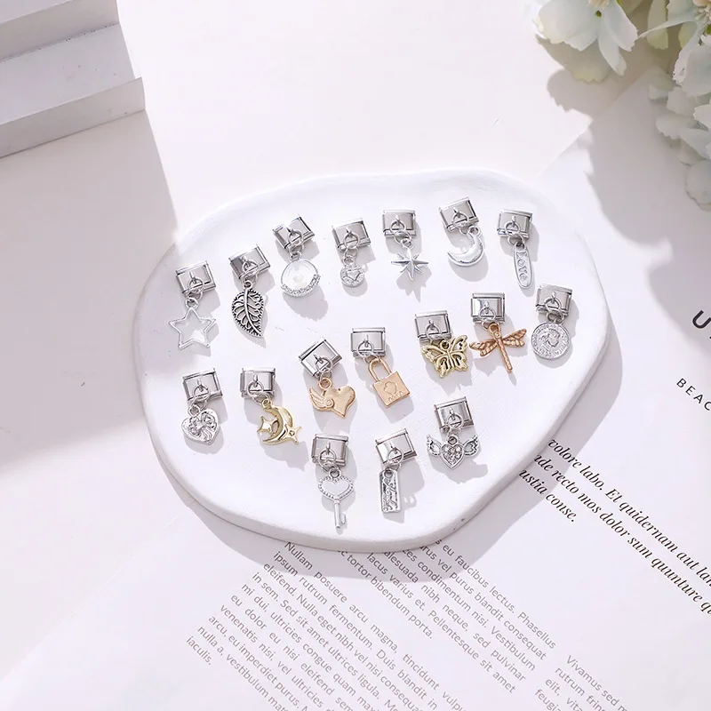 Pizza Ice Cream Moon Star Rose Flowers Dog Heart Italian Charm Links Fit 9mm Stainless Steel Bracelet Women Jewelry DIY Making