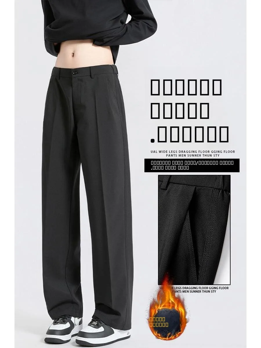 

Мужские свободные брюки прямого кроя для повседневной носки, осенне-зимние, чисто черные, струящиеся, широкие, в стиле кэжуал, для бизнеса и отдыха
