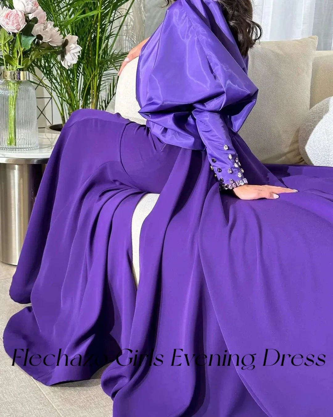 Flechazo Purple Satin Prom Dresses Long Sleeves 2-Piece Beaded Formal Occasion Dress For Women 2024 vestidos de noche