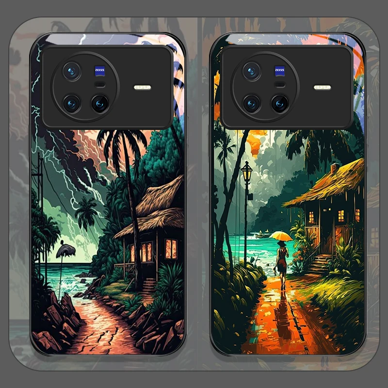 Funda de teléfono de vidrio templado con paisaje costero de árbol de coco costero para OPPO Reno 13 F 12 11 10 ProPlus Find X8 X3 PRO Lite A58