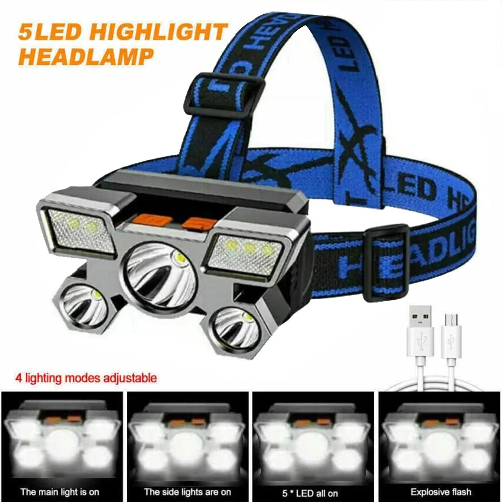 

Five Headed Headlight Usb Strong Light Super Bright Rechargeable Fishing Light Long-range Super Bright Head Mounted Flashlight