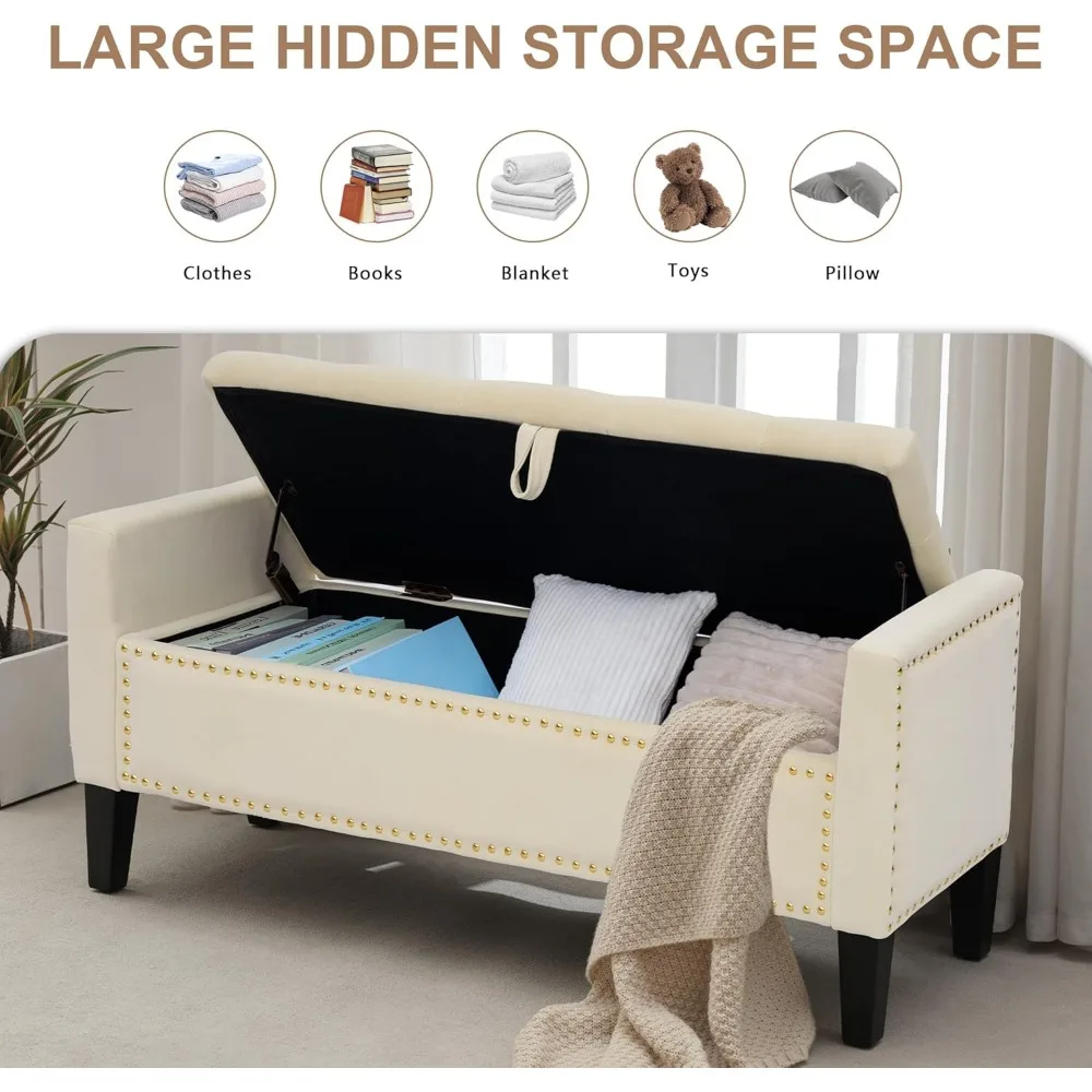 مسند تخزين حديث بأذرع، مقعد معنقدة بزر منجد مقاس 45 بوصة لنهاية السرير، أثاث غرفة المعيشة مع نعل تخزين #3