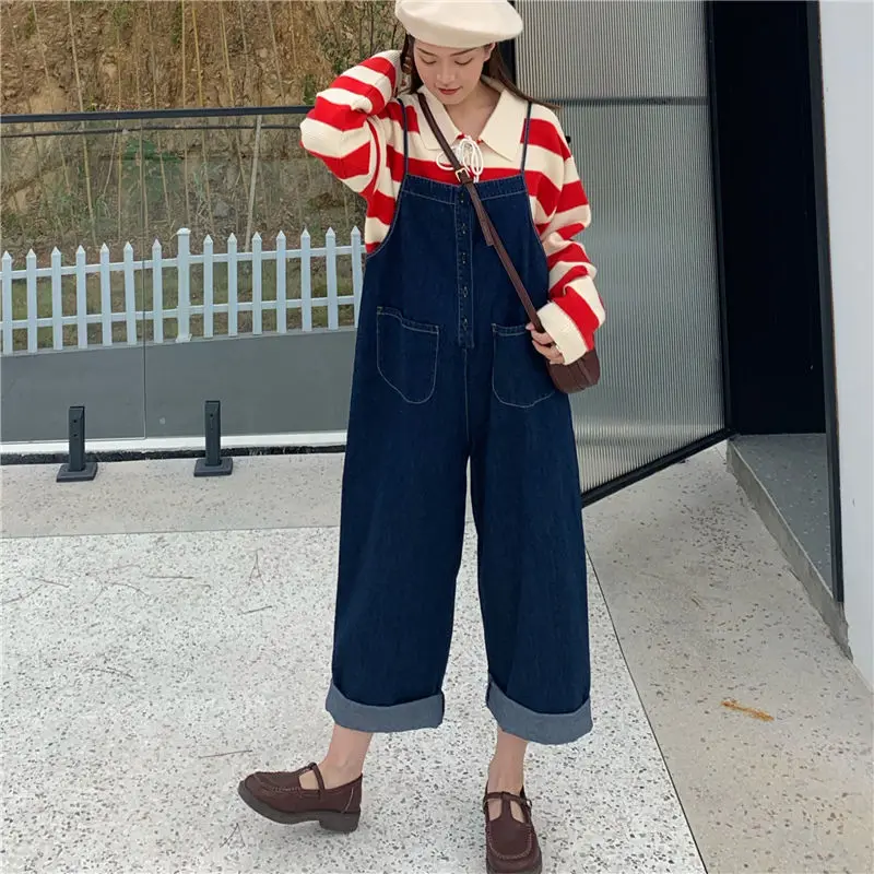 

Джинсовые комбинезоны Ele Design для женщин: весенне-осенние, свободные, прямого кроя, с высокой талией, больших размеров, модные