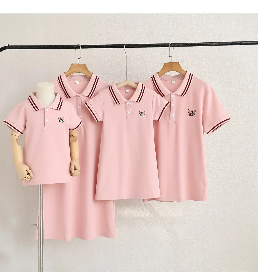 Family Matching Clothes Summer Mother Kids Dresses Cotton Couple Family Look Father Son Polo T-Shirts Tops Mom Daughter Dress