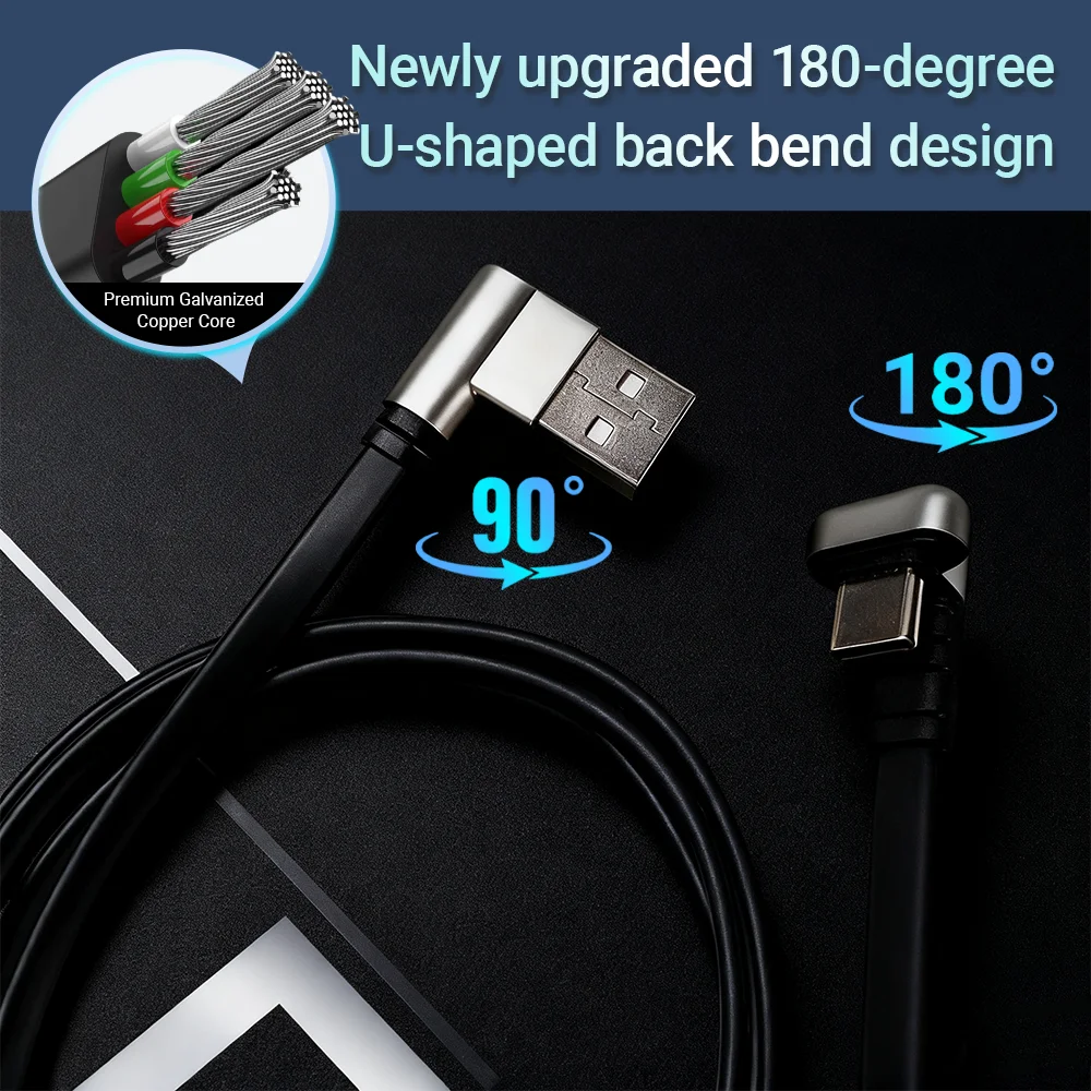 90 °   كابل شحن بزاوية 15 وات USB إلى C كابل ألعاب شحن سريع من سبائك الزنك لكابل شحن Xiaomi Huawei OPPO OnePlus