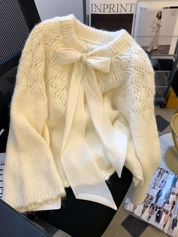 

Корейский мягкий свитер, женский осенний вязаный свободный свободный свободный свитер с завязками, удобный длинный свек, круглый Ne