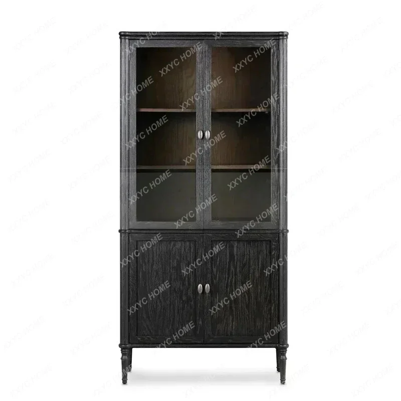 Hsolid wood black retro glass door wine cabinet locker  entrance living room decorative cabinet