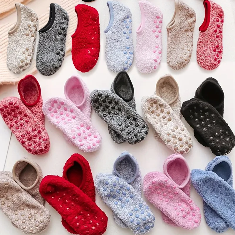 Autumn Winter Indoor Home Yoga Practice Flooring Sock Dispensing Anti-Slip Thickened Plush Soft Coral Velvet Furry Sock Slippers