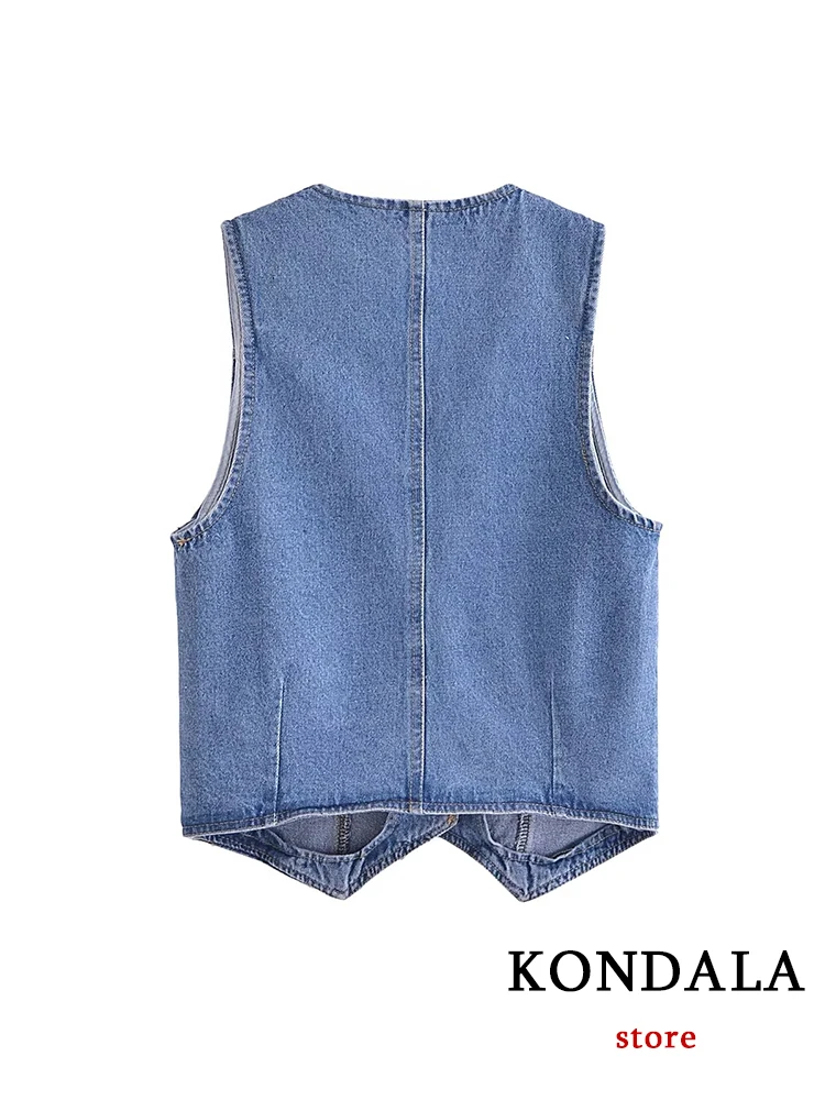 KONDALA Vintage Blue Denim Vest Jackets Women V Neck Single Buttons Sleeveless Jackets Fashion 2023 Summer Streetwear Vest Tops