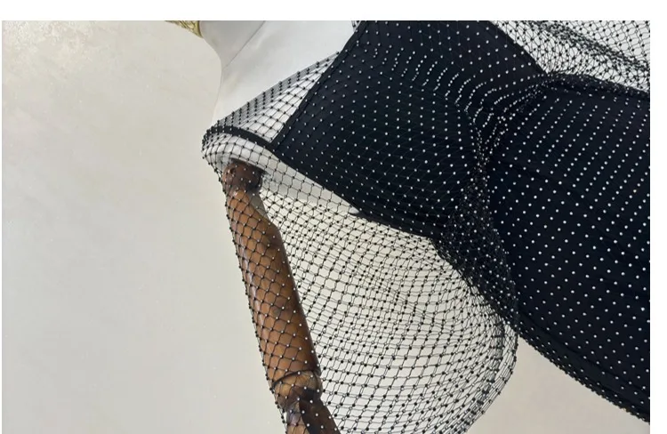 Fashion New Design Sense Unique V-neck Light Luxury Socialite Mesh Fishnet Diamond-Embedded Dress Two-Piece Set Women's Vestidos image 6