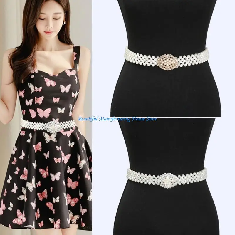 E56A Women Elastic Waist Chain With Artificial Pearls And Crystals Adjustable Stretch Belt Accessory For Dresses And Parties