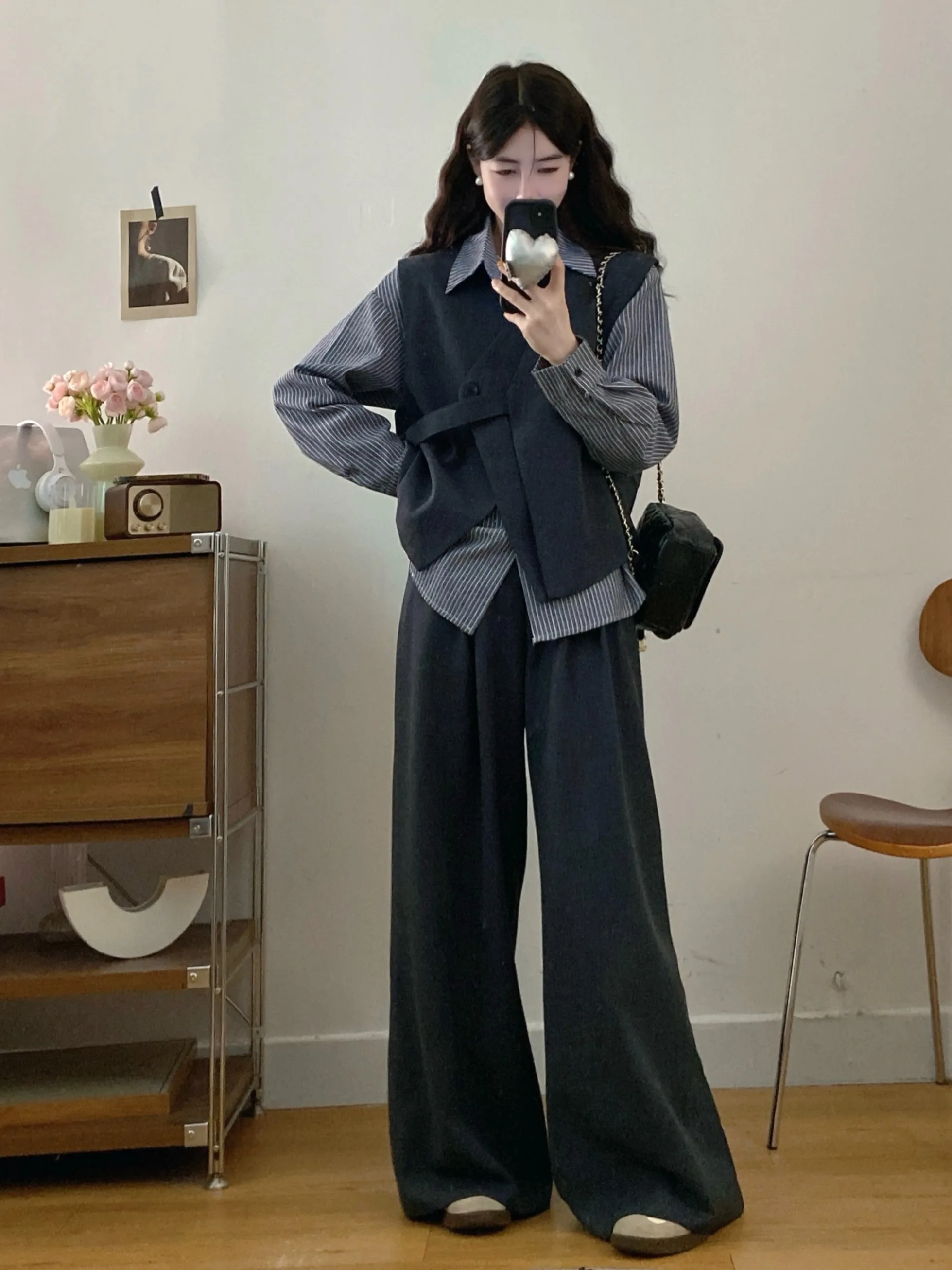 

plus Size Women's Casual Stripe Suit Three-Piece Set Waist-Cinching Blouse Wide Leg Pants Korean Style Commute Fashion