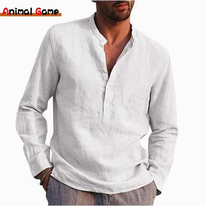 New Men\'s Linen Long Sleeve T-Shirt Solid Color Loose Spring T-Shirt Long Sleeve Cotton Linen Shirt Plus Size Shirts Men