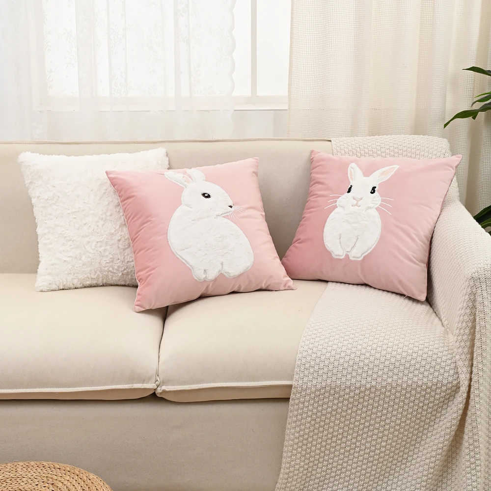 BUYNOW Bestickter Hasen-Kissenbezug aus Samt, Plüschiger Kuschel-Kissenbezug, Sofa-Polsterung, Komfortables Dekoratives Kissen – Detail 4