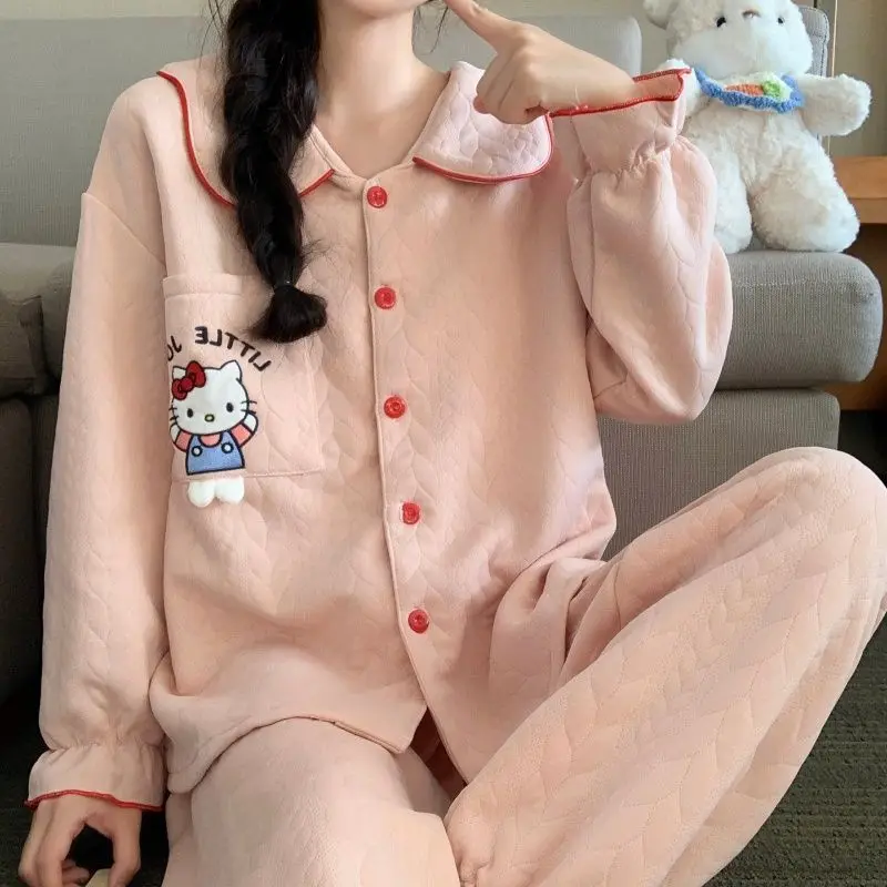 Ar algodão hellokitty pijamas meninas outono inverno sanduíche grosso quente cardigan dos desenhos animados bonito estilo quente roupas de casa conjunto de duas peças