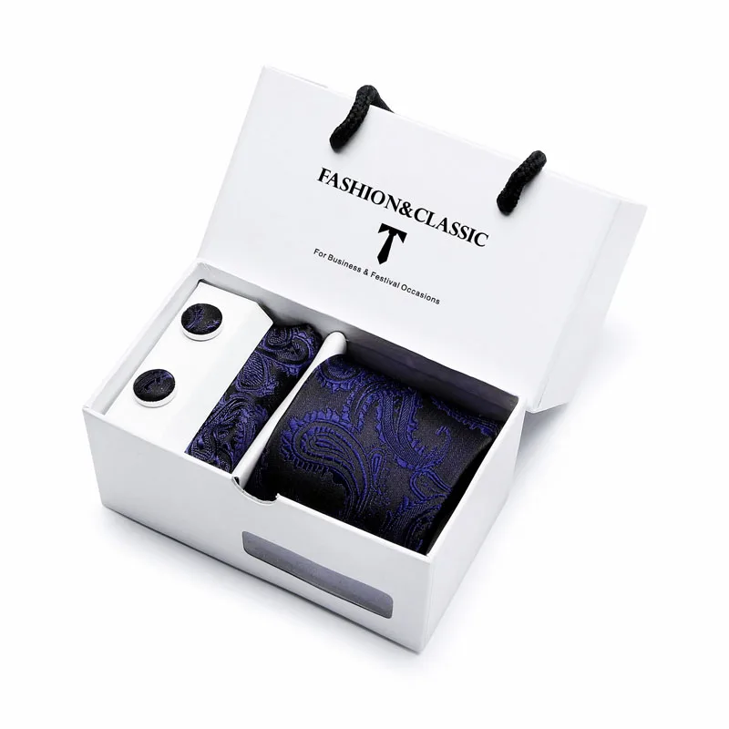 Hot Sale Black Paisley Necktie Pocket Square Cufflinks Set For Men Formal Luxury Wedding Gravatas In Gift Box