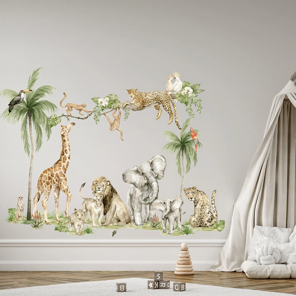 Safari Jungle Animals Wall Sticker Baby Nursery Kids Room Wild Watercolor Tropical Monkey Giraffe Bird Elephant Wall Decal