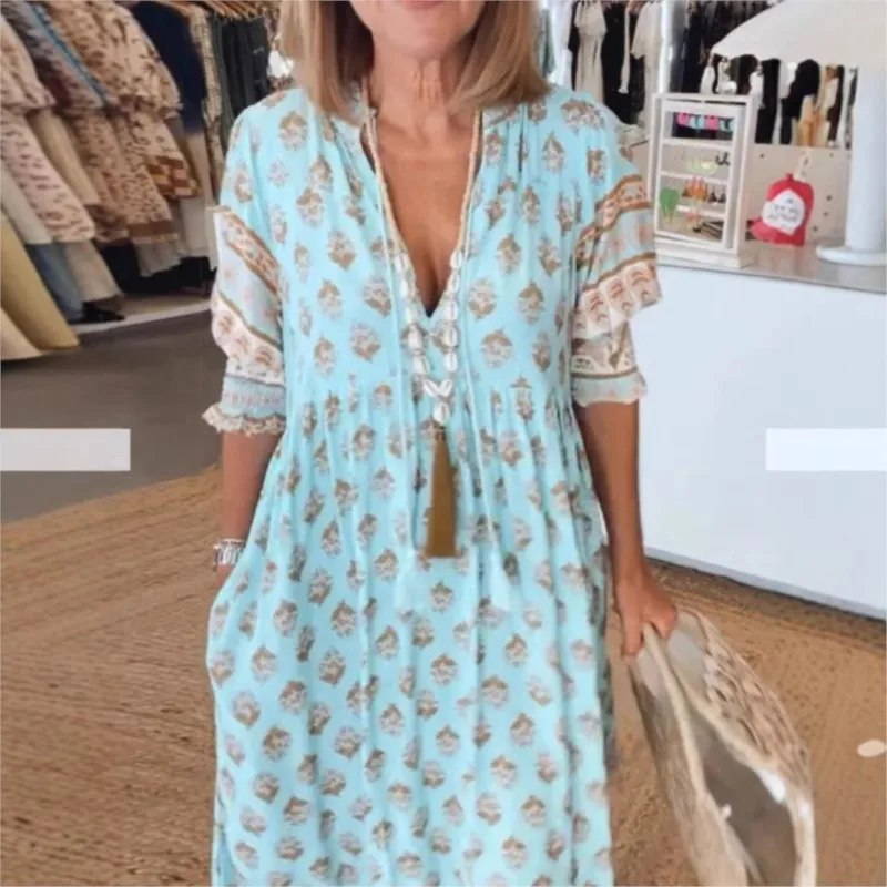 Vestido largo bohemio estampado elegante con cuello en V y borlas para mujer, vestido de fiesta con bolsillo para primavera y otoño, vestido Maxi con volantes y media manga acampanada para verano