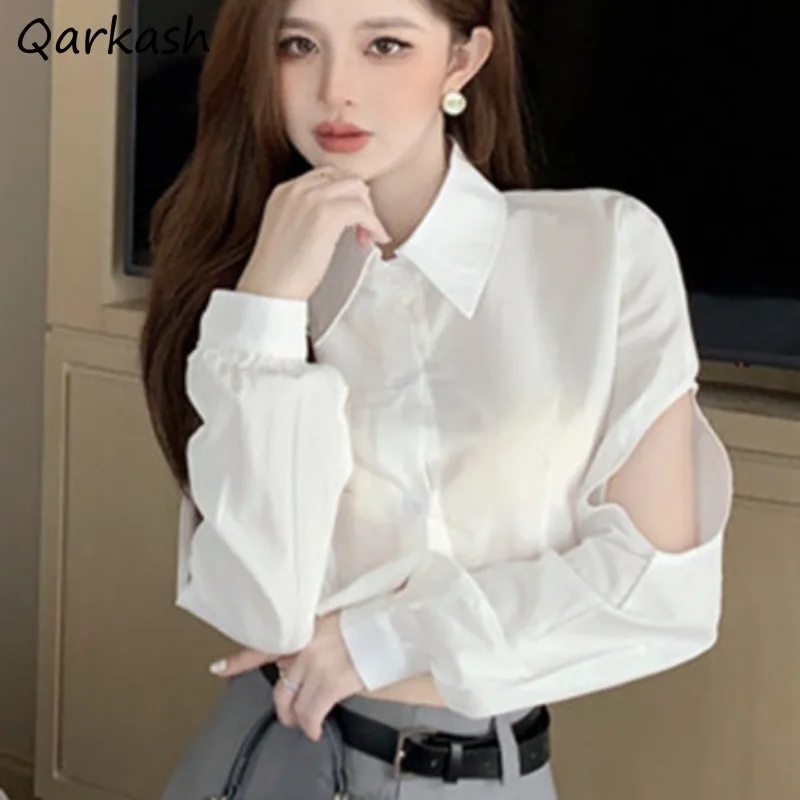 Solid Shirts for Women Korean Style Personality Design Hole Long Sleeve Turn-down Collar Hot Girls Spring Clothing Outwear Chic