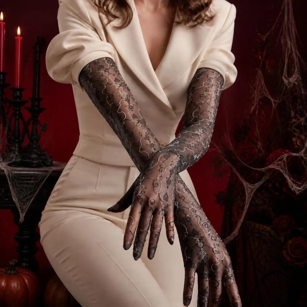 Ultra Thin Sheer Long Gloves Elastic Floral Printing Oil Shiny Gloves Sheer See Through Silky Smooth Dance Gloves Cosplay