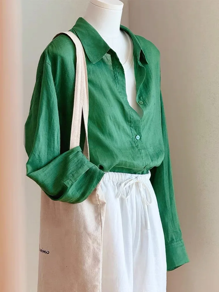 

Женская верхняя одежда из льна и хлопка в стиле ретро, лето 2024, корейская версия для поездок на работу, Long Sve на пуговицах