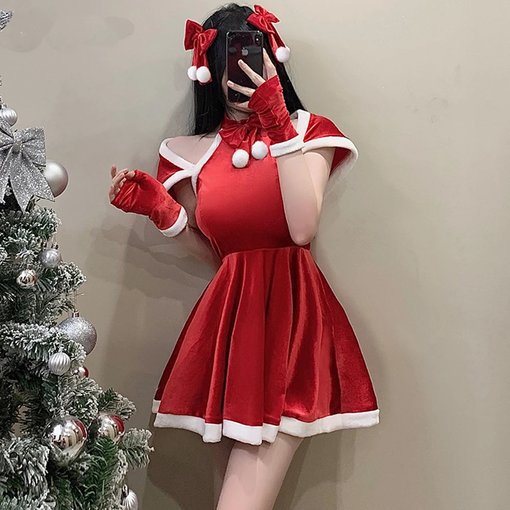 Sweet Princess Women Christmas Halter Velvet Dress with Shawl Winter Plush Cosplay Maid Outfit Anime Lolita Halloween Costume