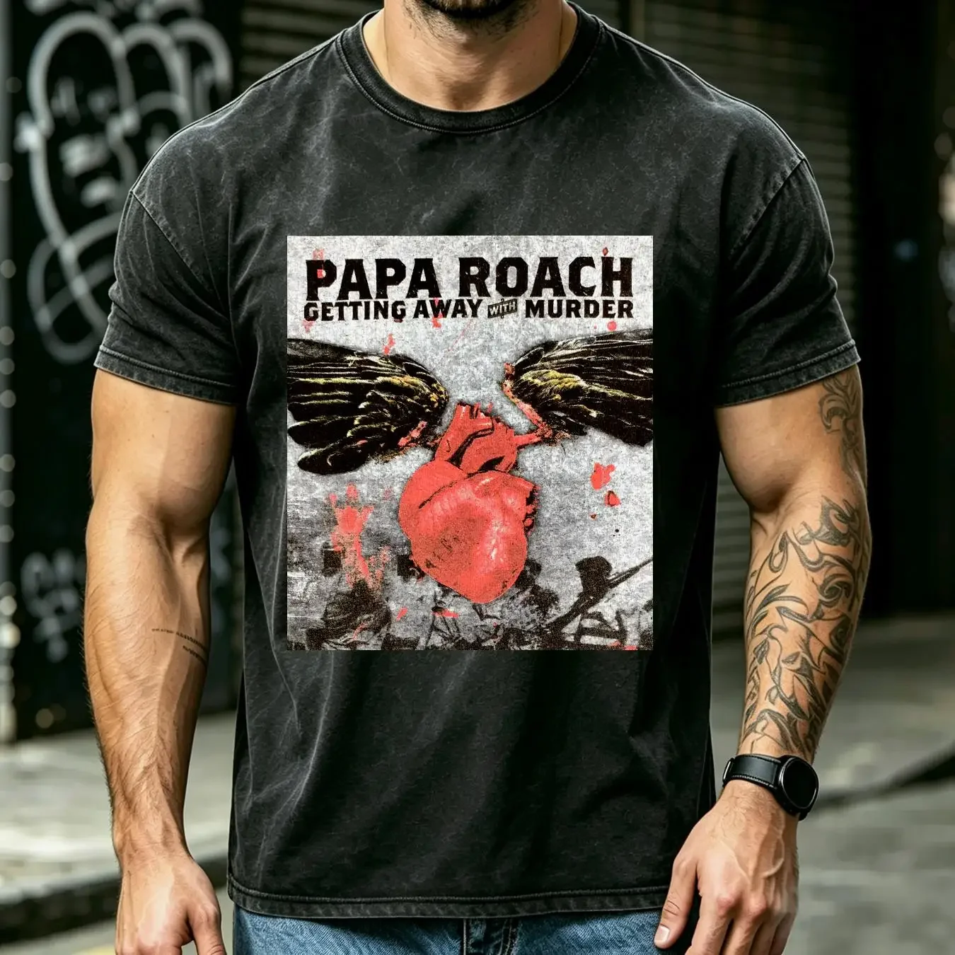 washed T Shirt PAPA ROACH med Getting Away with Murder concert tee 2004 nu metal long or short sleeves vintage Washed graphic