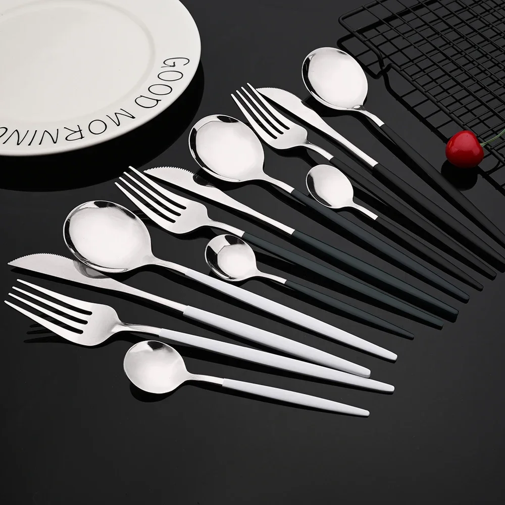 16Pcs Green Silver Dinnerware Set Knife Fork Coffee Spoon Cutlery Set Stainless Steel Tableware Western Home Kitchen Flatware