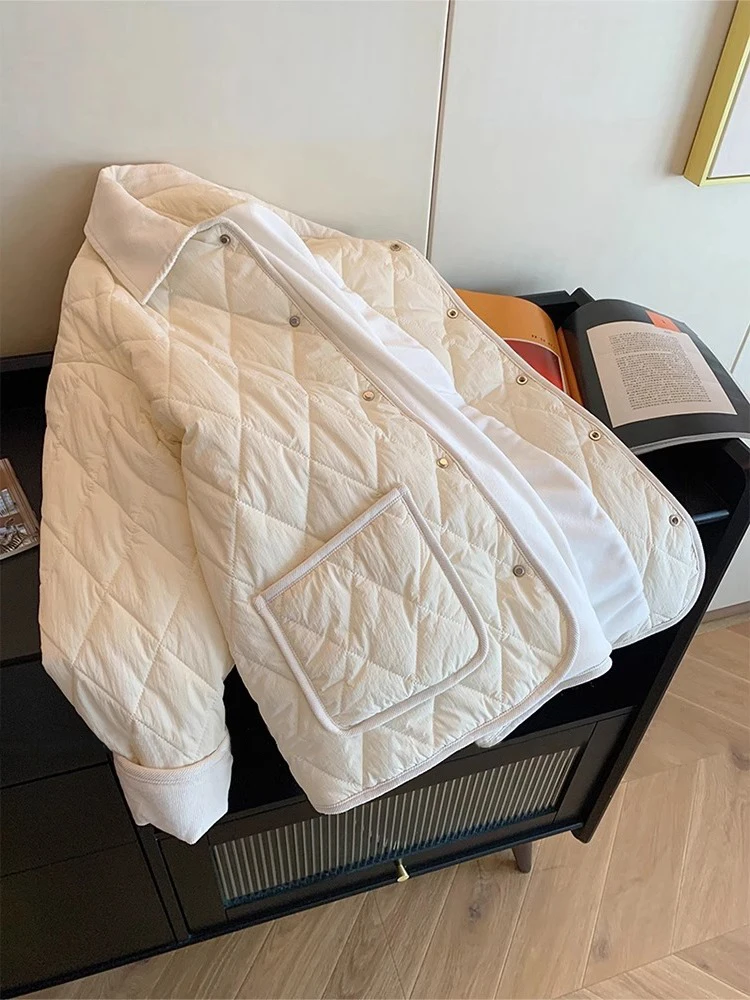 

Корейская повседневная белая хлопковая куртка с воротником-стойкой и стразами для женщин, осенне-зимнее универсальное хлопковое пальто для отдыха