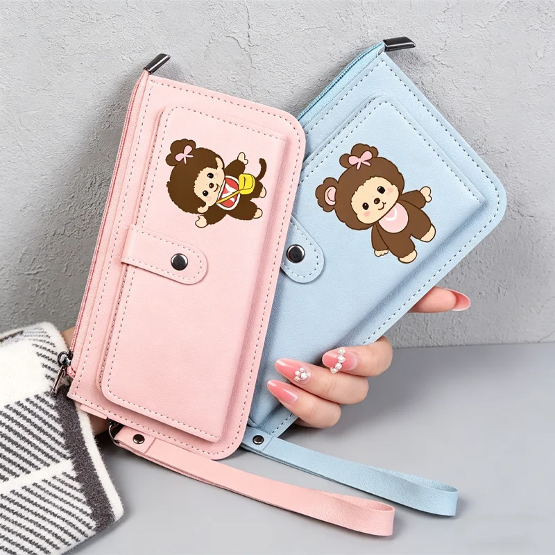Monchhichi Genuine Leather Money Bag Card Holder Portable Anime Long Clutch Coin Purse Printing Cell Phone Female Storage Wallet