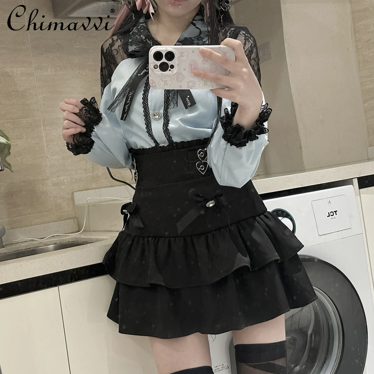 

Japanese Mine Series Mass-Produced Lace Long Sleeve Blouse Shirt High Waist Black Skirt Sets Sweet Girls Lolita Spring Outfits