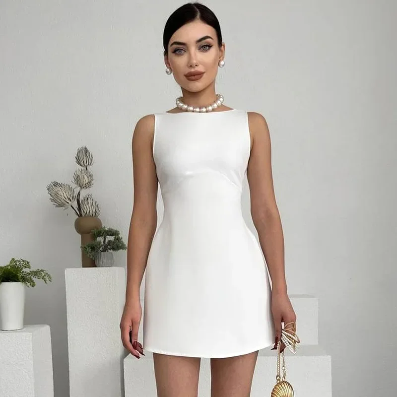 Abrini Women White Elegant Backless Dress Solid Sleeveless Sexy Tank Dress Evening Party A-line Dress Streetwear Office Vestidos