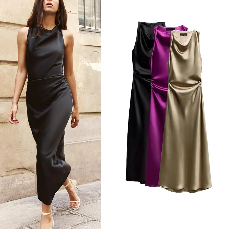 Vestido Midi Sem Mangas de Seda Satin com Decote Redondo, Estilo de Trabalho, Saia Longa em Fibra de Poliéster, Vestido em Fo...