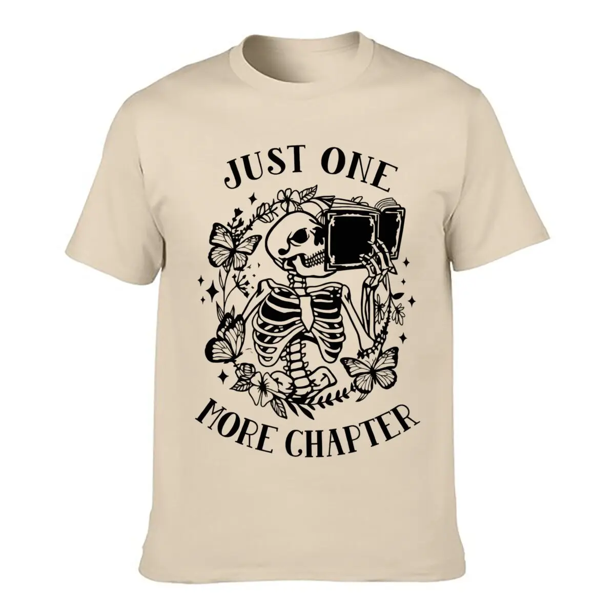 Just One More Chapter Skeleton Reading Book Flowers Butterflies Loose T-shirt Casual Tee