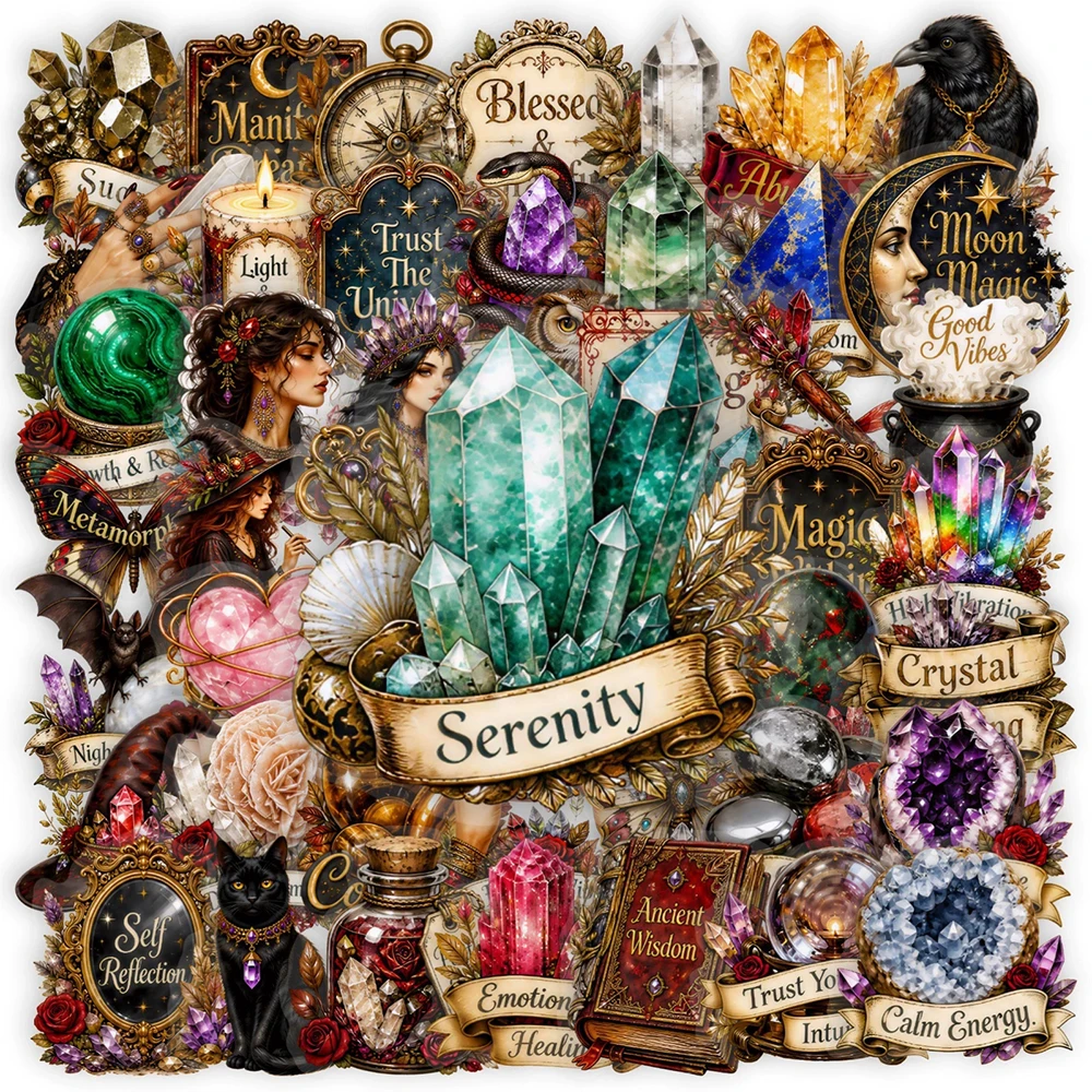 10/30/50pcs Cartoon Vintage Magic Crystal Witch Sticker Art Aesthetic Graffiti Sticker Suitcase Laptop Phone Transparent Decals