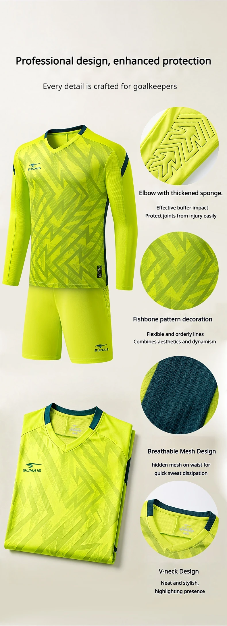 SUNAIS Herren Torwart-Trikot Kinder Langarm Fußball-Uniform Set Fußballshorts und Socken Atmungsaktive Schnelltrocknende Trainingsausrüstung – Detail 4