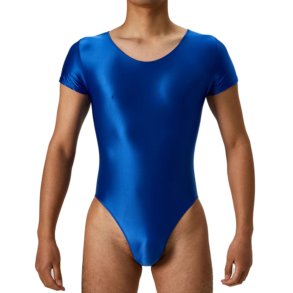 

Модный мужской комбинезон-боди, минималистичный, с круглым вырезом, глянцевый, с коротким рукавом