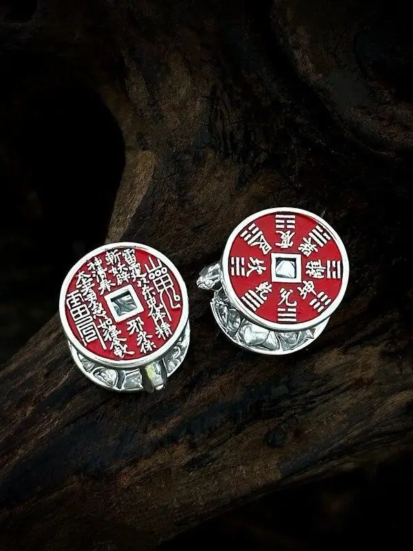 Mengke S925 Pure Silver Daoist Jewelry Mountain Spirit Coin Ear Cuffs Vermilion round Fashionable Chinese Style Earrings