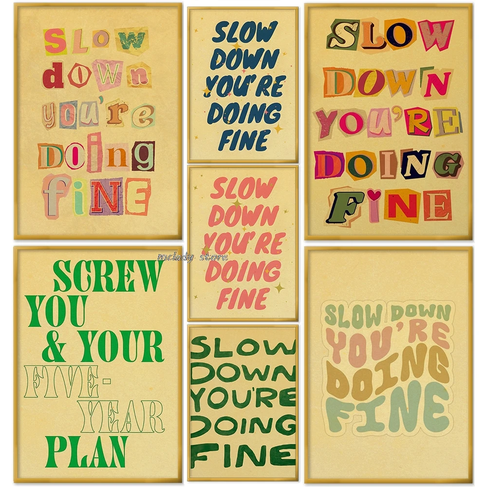 Póster inspirador en inglés de desaceleración verde, pintura al óleo, imagen artística de pared, decoración del hogar de restaurante de cocina