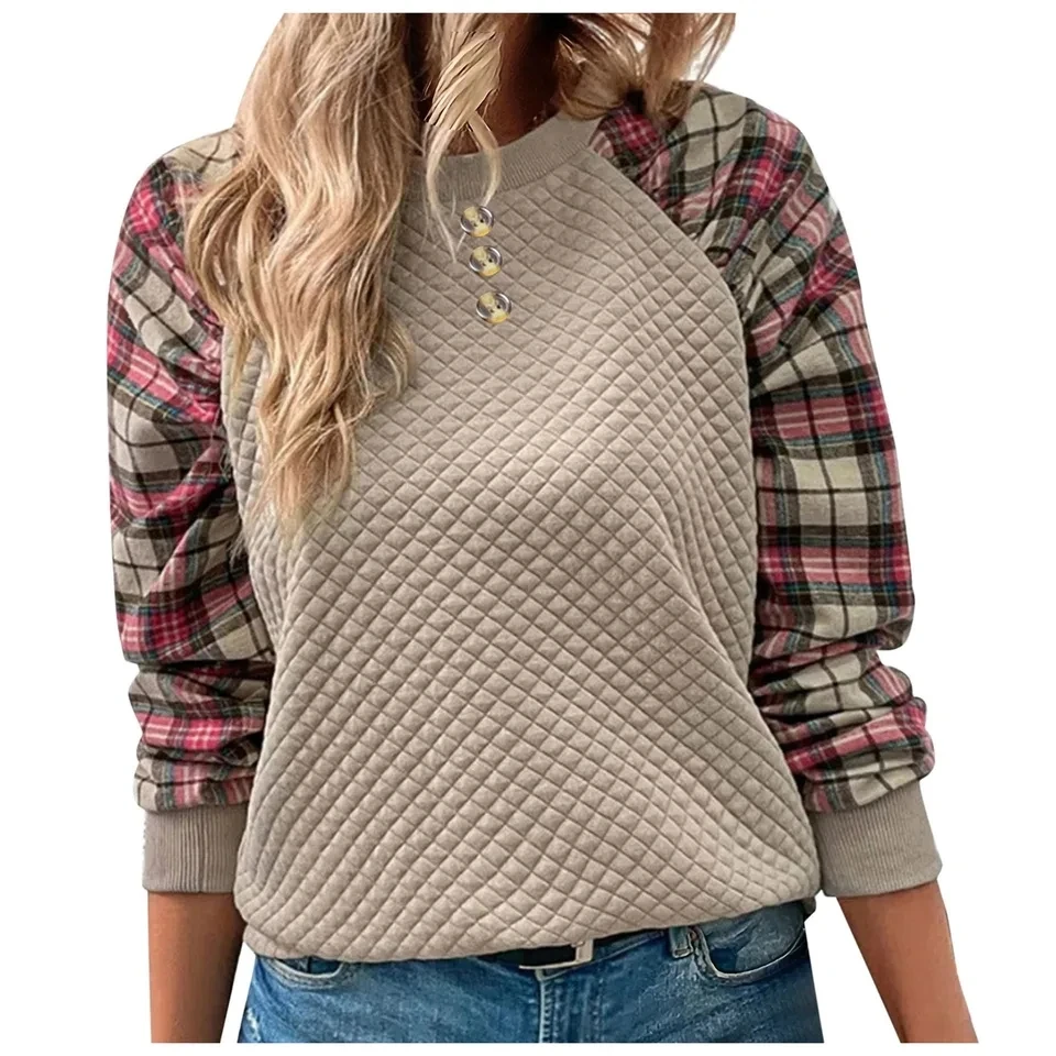 Womens Casual Crew Neck Sweatshirt Patchwork Plaid Long Sleeve Pullover Tops 2026 Spring New Color Block Hoodie Streetwear