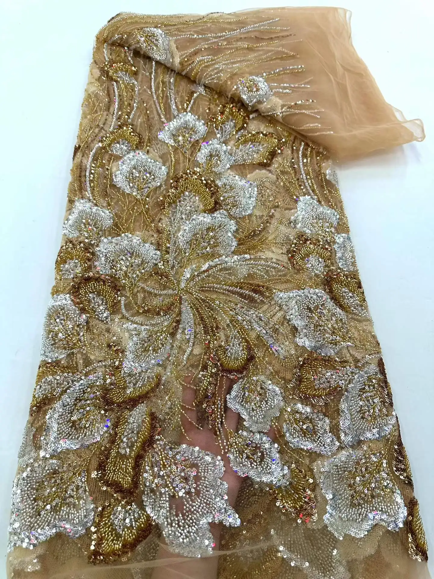 

Роскошная африканская кружевная ткань ручной работы с бисером, 2026, нигерийская французская тяжелая кружевная ткань с пайетками для пошива свадебных и праздничных платьев, 5 ярдов