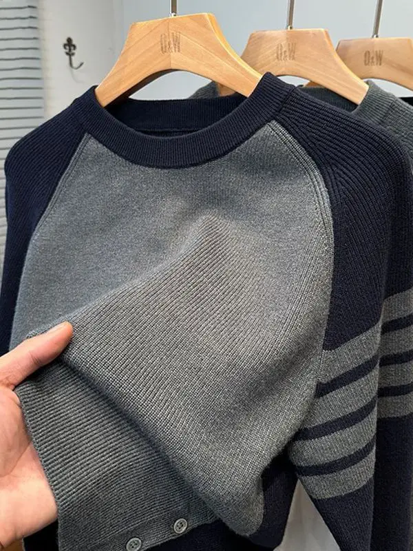 

Модный мужской вязаный свитер с круглым вырезом и цветными вставками на плечах, универсальный повседневный трикотажный свитер с разрезами, осенне-зимняя новинка