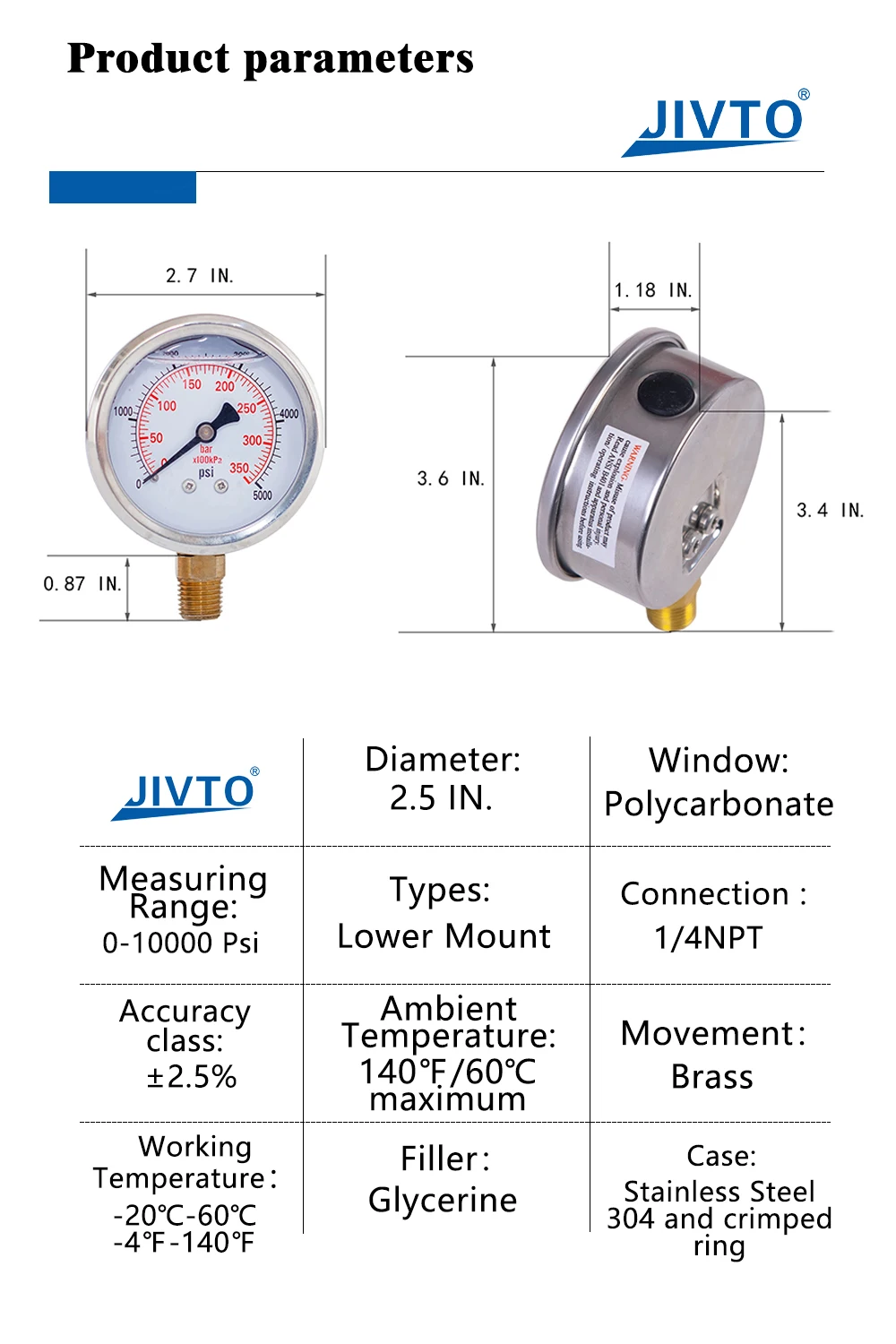 JIVTO Glyzerin gefülltes Manometer 2,5" 1/4 NPT untere Montage 30, 60,100,160, 200, 300, 400,600,2000,3000,5000,10000 Psi und Bar – Detail 3
