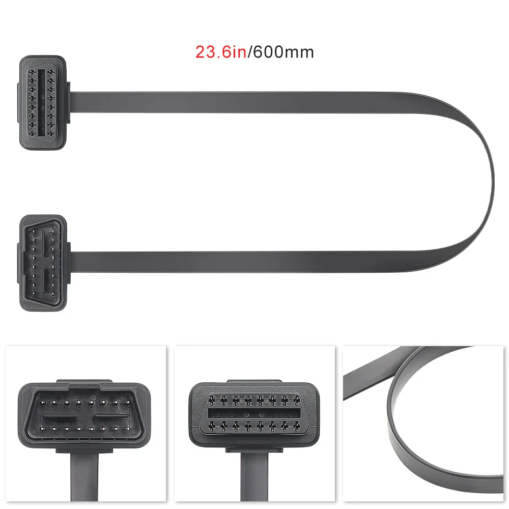 16Pin 60CM OBD2 Extension Cable 8pin Adapter Cable Flat+Thin As Noodle OBDII Male To Female Socket Connector With ON/OFF Switch